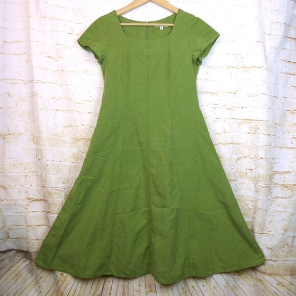 Uniqlo Dress Women XS Green Linen Blend Square Neck Short Sleeves Pockets Midi - Picture 3 of 15
